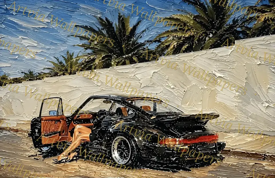 Black Porsche 911 among palm trees